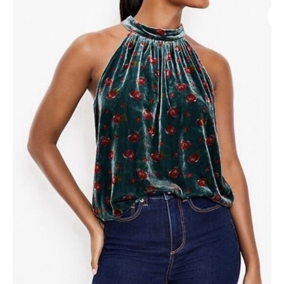 LOFT Green Velvet Red Rose Shirted Halter Top Sz M High Neck Christmas Party - Picture 1 of 7